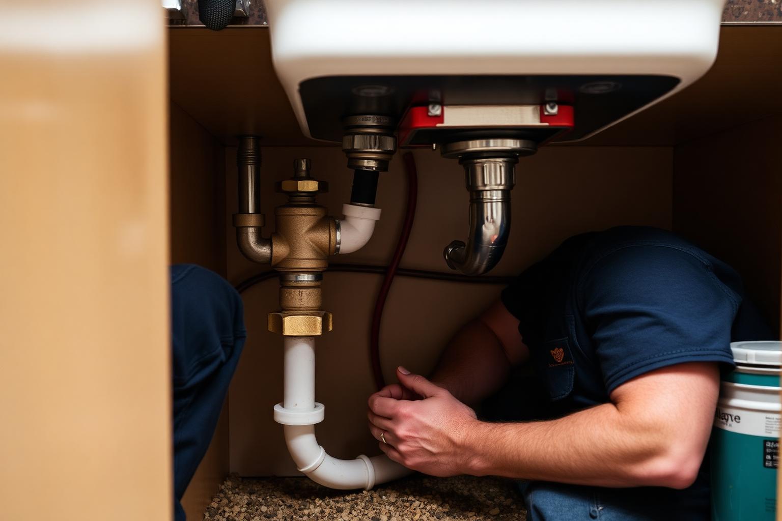Plumber repairing a drain line under a sink