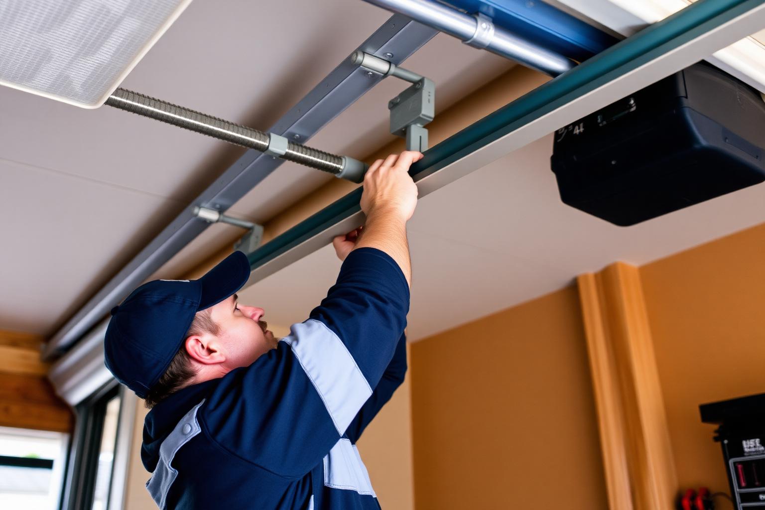 Technician adjusting a garage door spring and opener rail