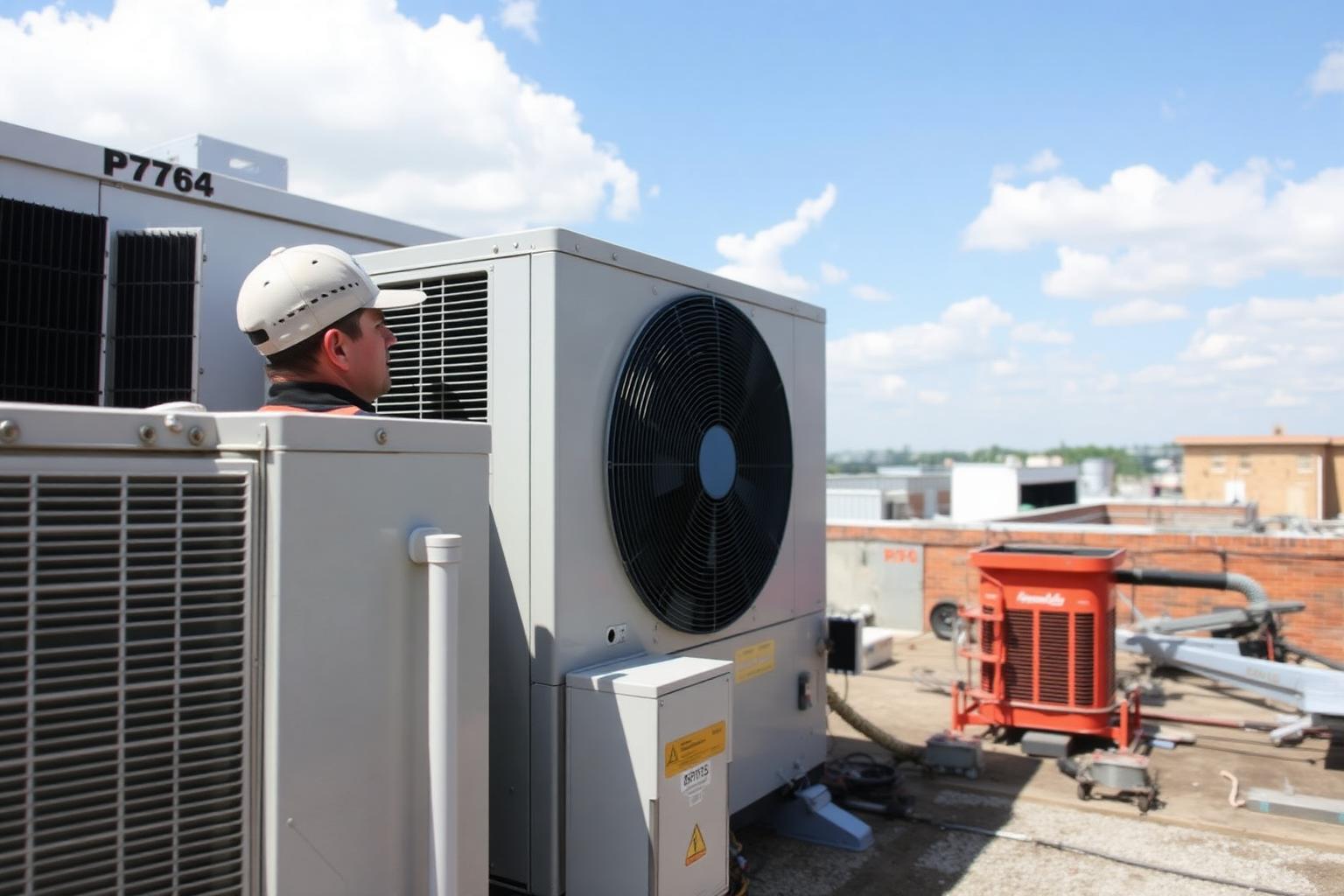 HVAC technician servicing a rooftop condensing unit