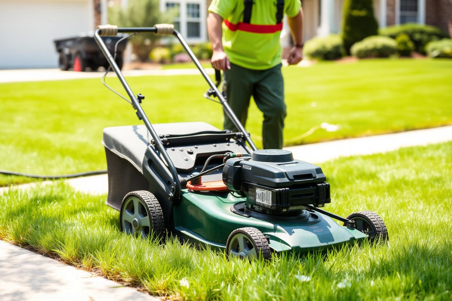 Lawn care crew mowing a suburban lawn