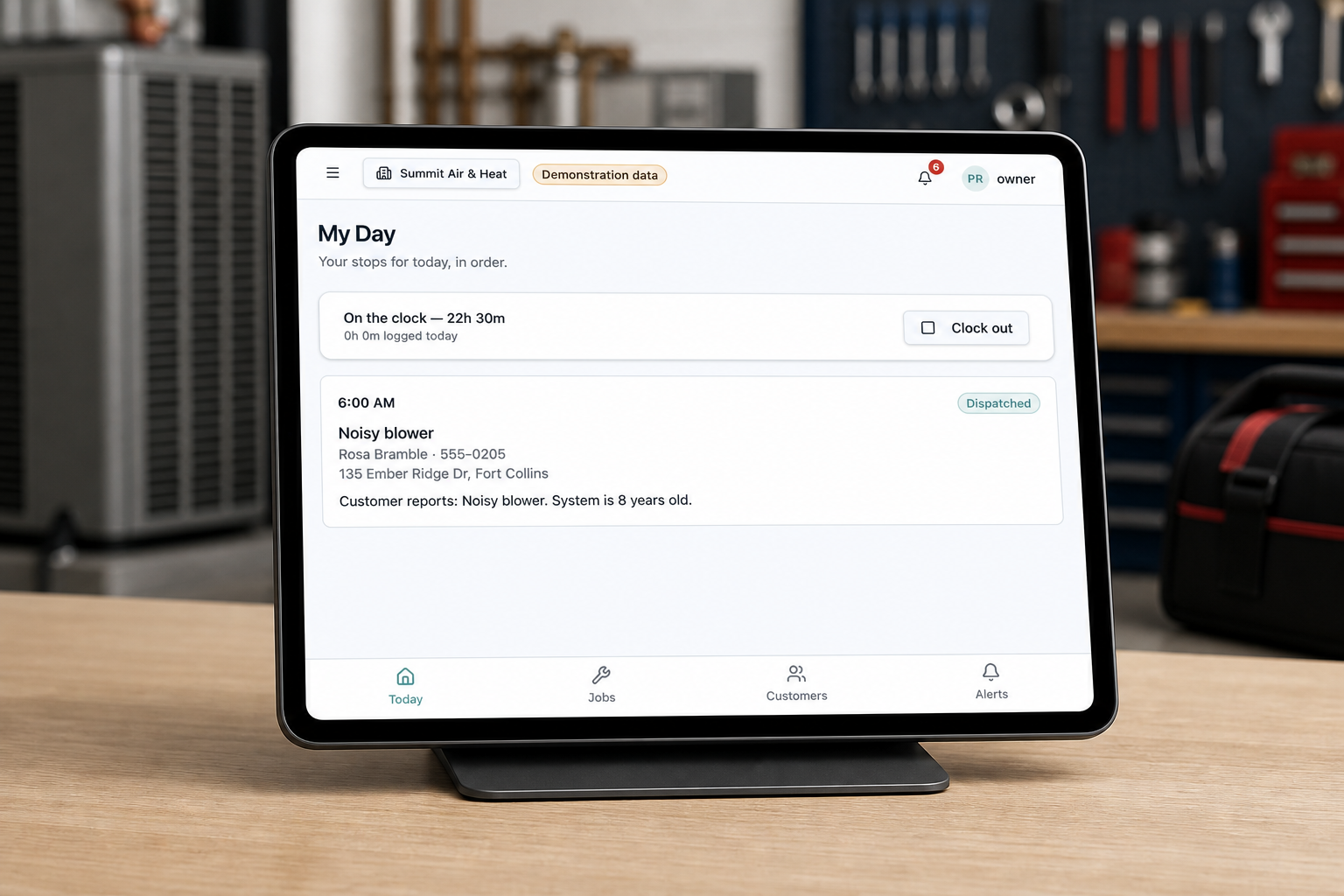 JobOpsPro My Day schedule shown on a tablet in an HVAC shop