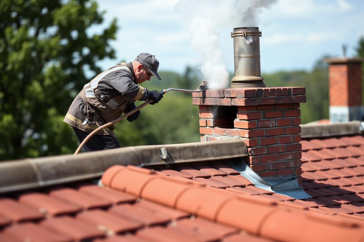 Chimney sweep cleaning a brick chimney from the roof