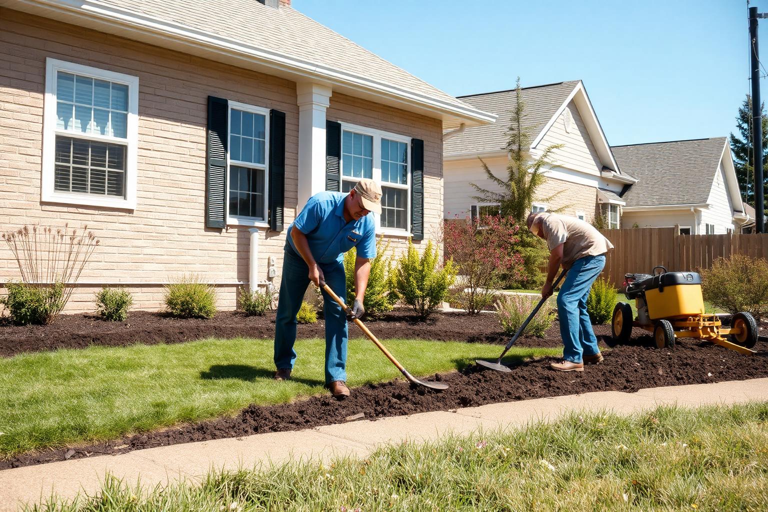 Landscape crew planting and grading a residential yard