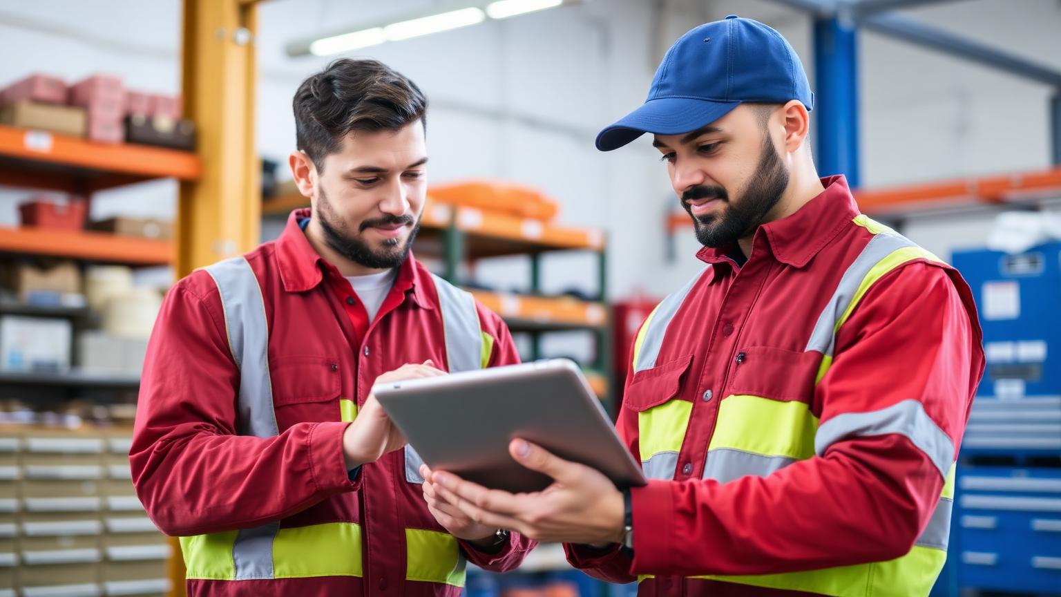 Two technicians reviewing the JobOpsPro platform together on an iPad at their service van